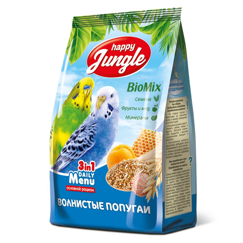 Корм для птиц HAPPY JUNGLE 500г для волнистых попугаев-0
