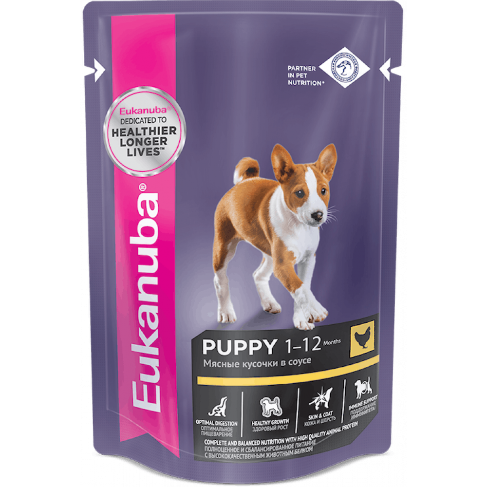 Eukanuba 85 г для щенков от 1 до 12 месяцев и беременных или кормящих собак всех пород с курицей в соусе -0