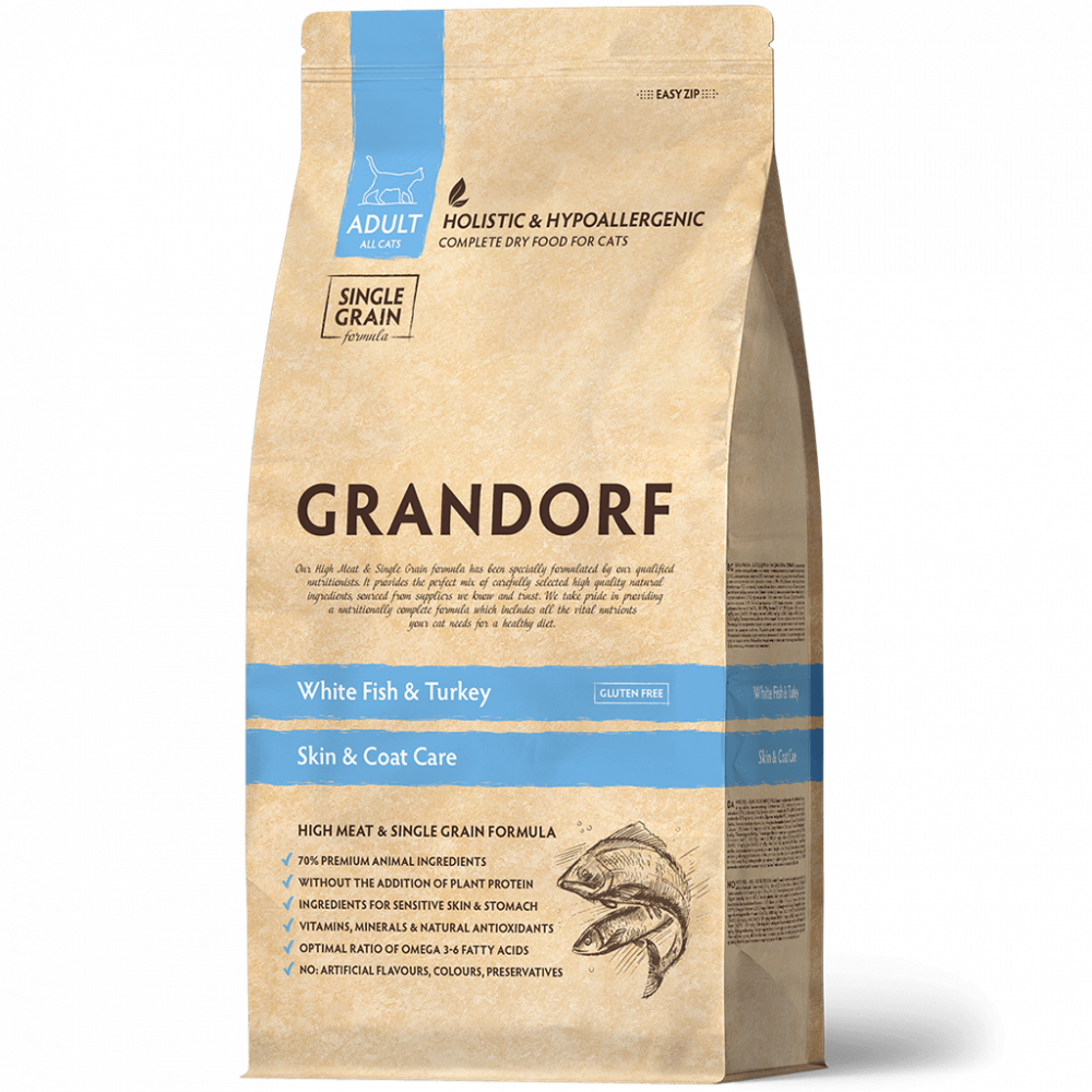 Grandorf для кошек 2 кг с белой рыбой и индейкой, забота о коже и шерсти 851263-0